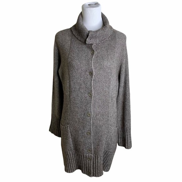 Eileen Fisher Beige Melange Front Pockets High Neck Long Sweater Cardigan M - Picture 1 of 10